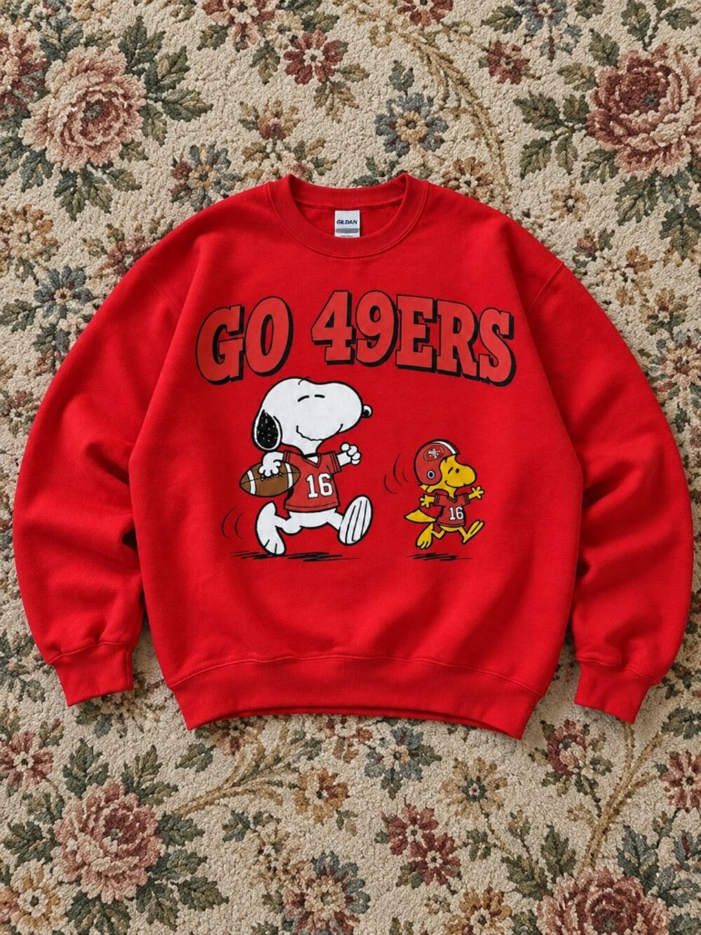 Red Peanuts Snoopy San Francisco 49ers Football Graphic Crewneck Sweatshirt